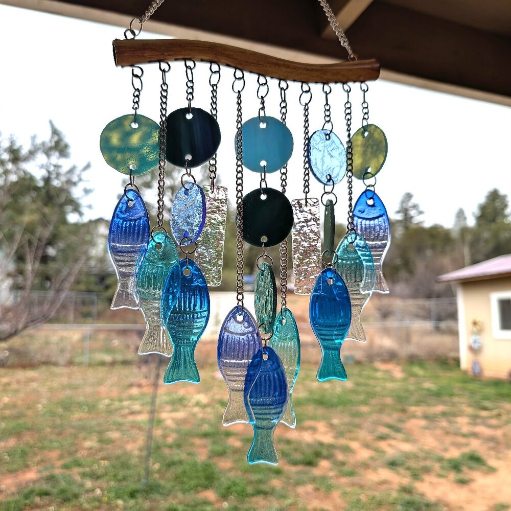 Stunning Stained Glass & Blue Glass Fish Wind Chime - Beach Decor - Picture 14 of 14